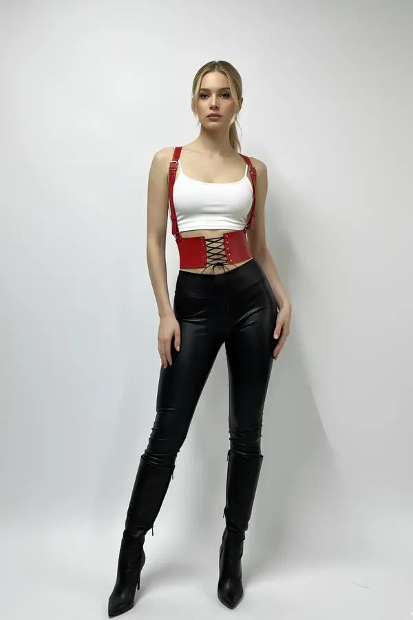 Red Faux Leather Waist Harness with Corset Lacing