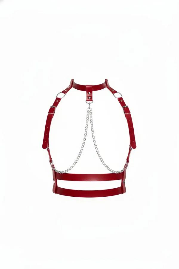 Red Faux Leather Choker Harness with Draped Chains