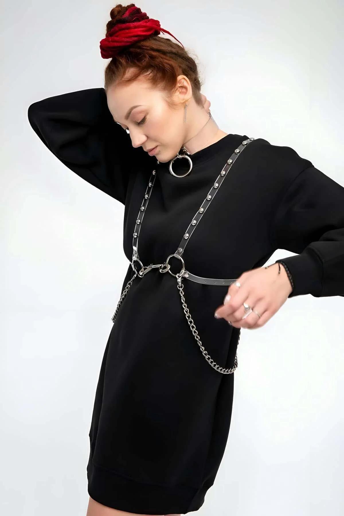Transparent Studded Body Harness & Choker Set with Chains