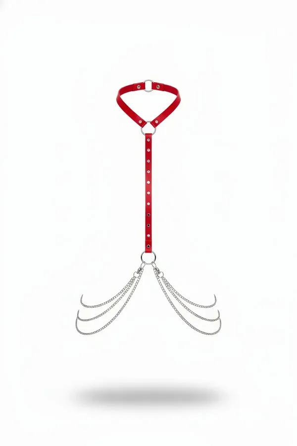 Red Faux Leather Choker Harness with Draped Silver Chains