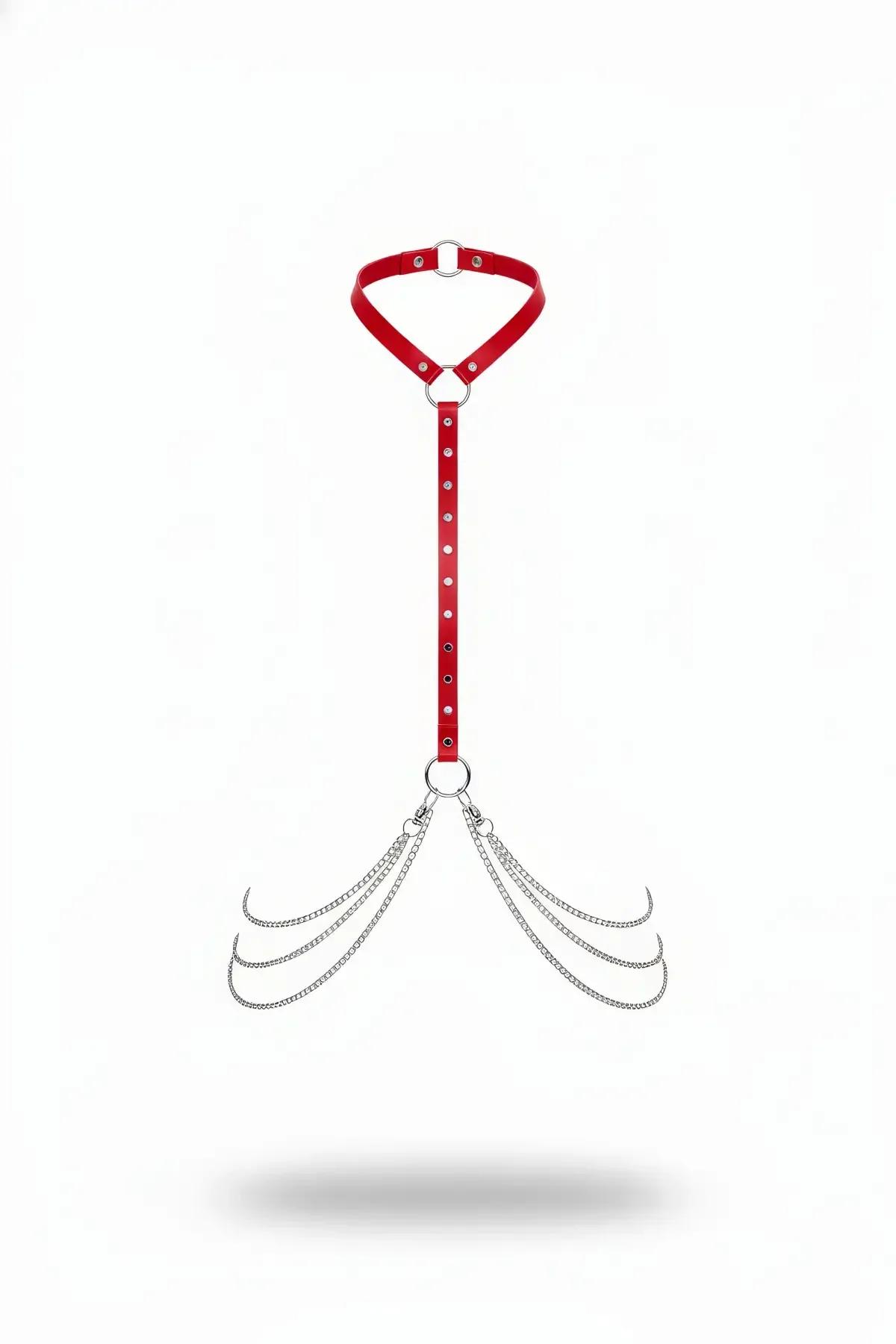 Red Faux Leather Choker Harness with Draped Silver Chains
