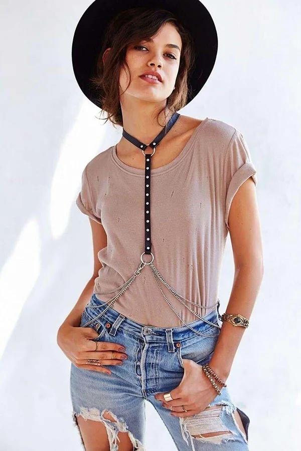Studded Halter Chain Body Harness