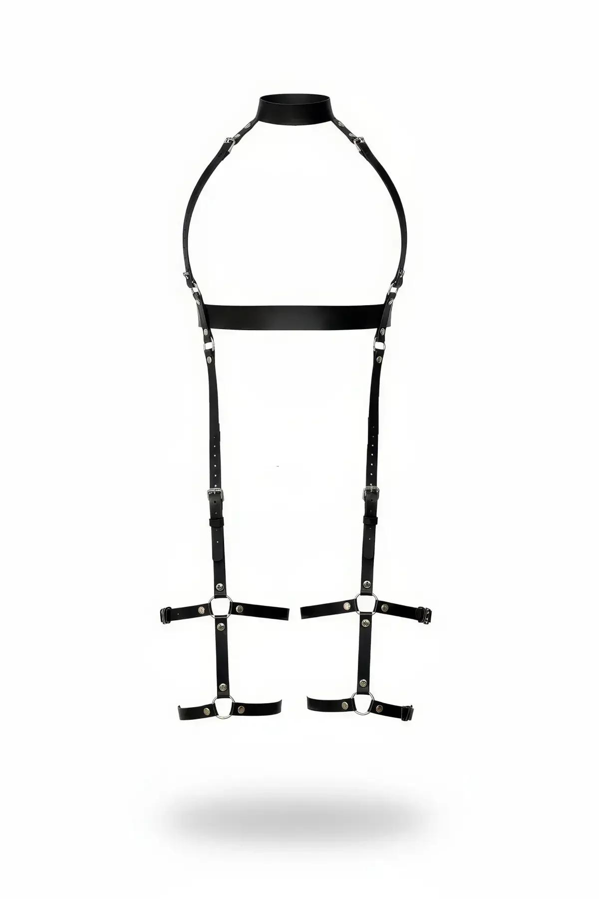Faux Leather Body Harness with Choker & Thigh Cages