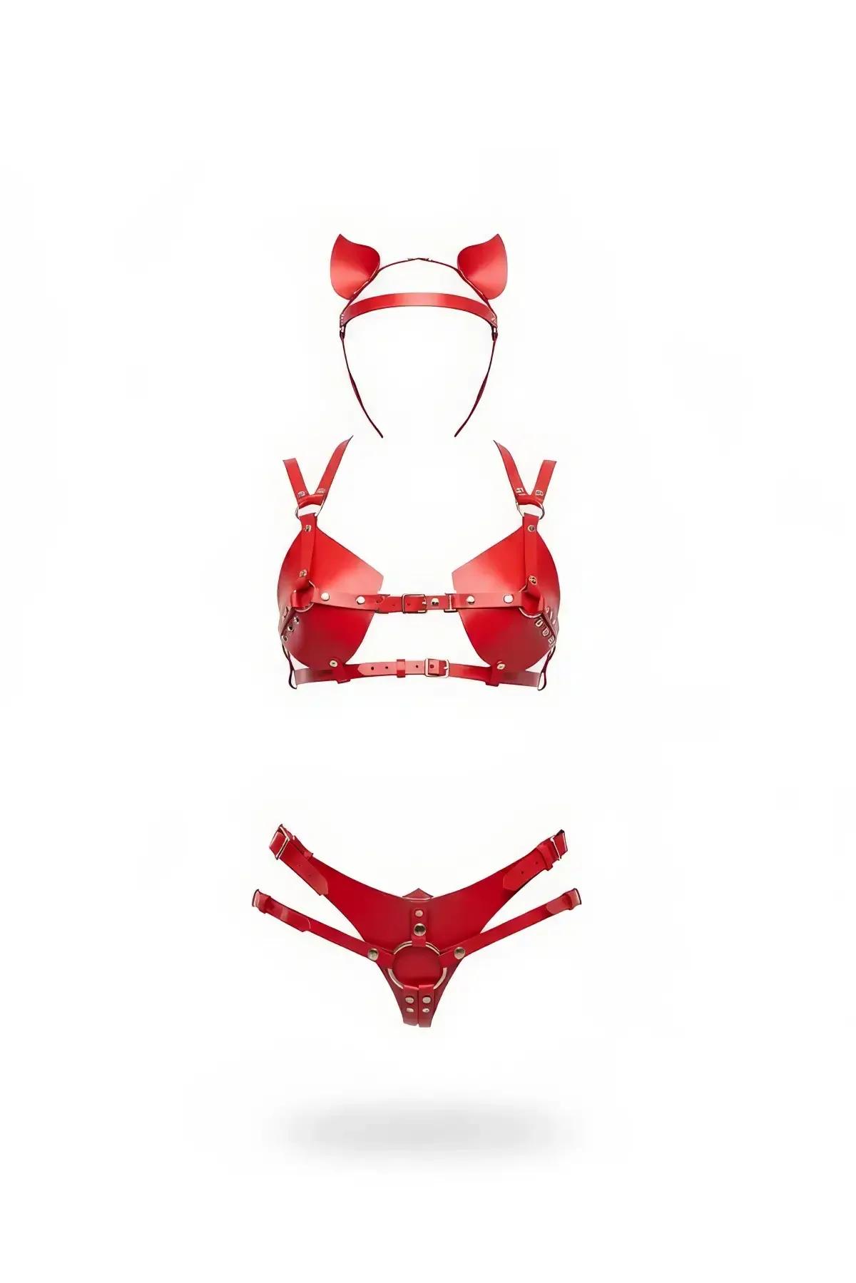Red Faux Leather Harness Bralette & Panty Set with Ears