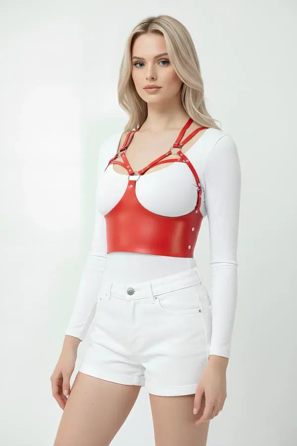 Red Faux Leather Panel Chest Harness with O-Rings
