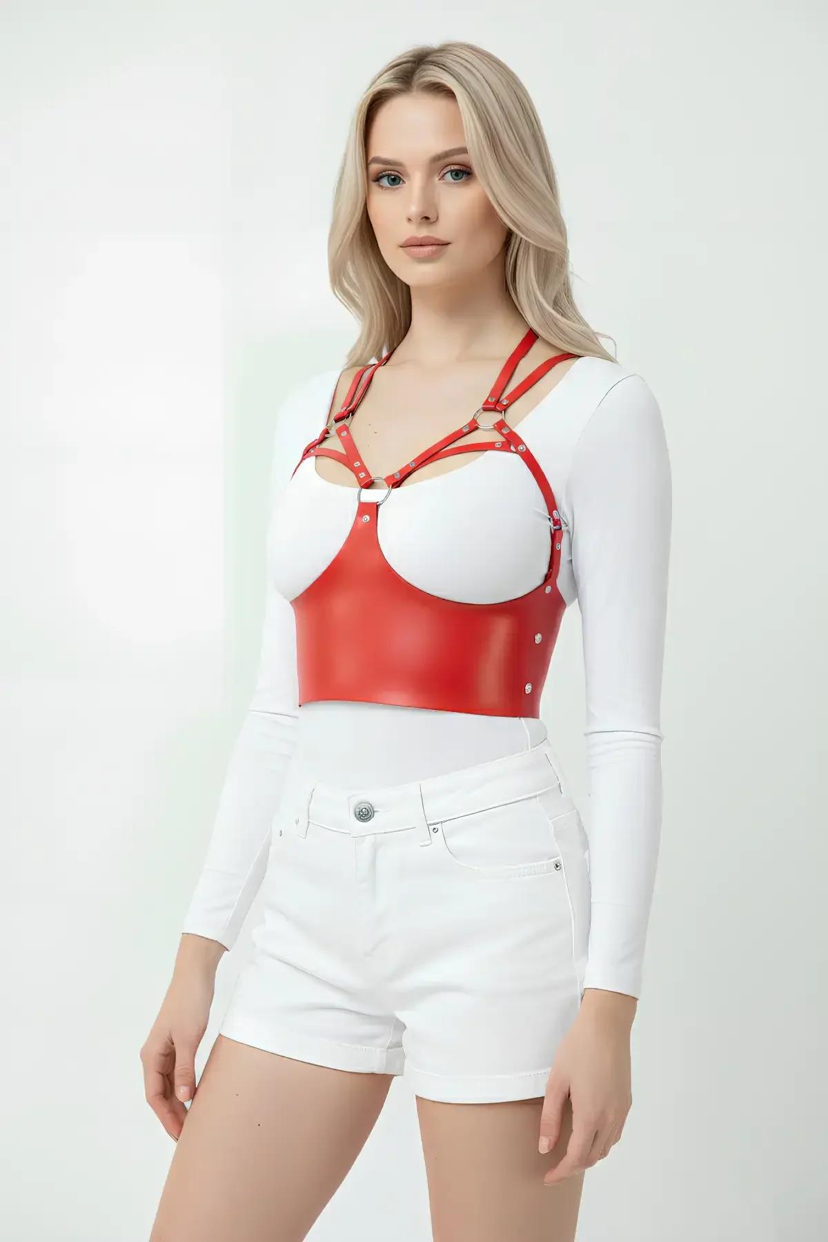 Red Faux Leather Panel Chest Harness with O-Rings