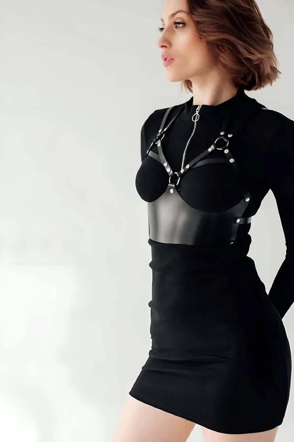 Bustier Style Faux Leather Body Harness with O-Rings