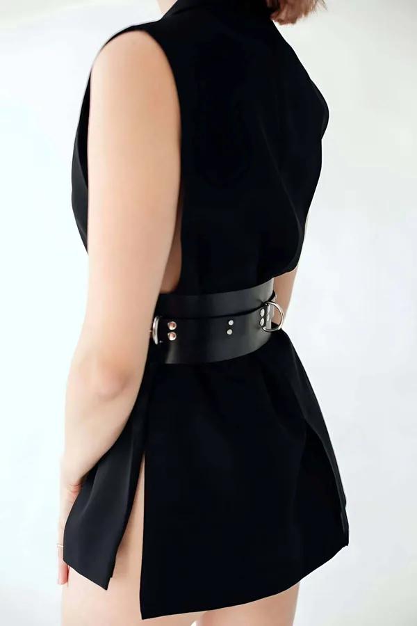 Wide Faux Leather Waspie Belt with D-Rings & Buckles