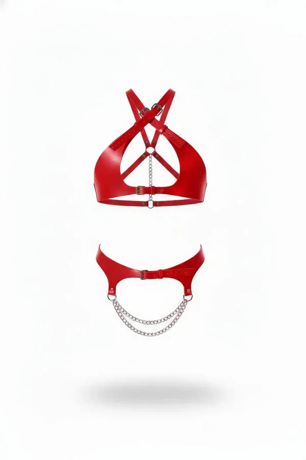 Red Halter Harness Top & Waist Belt with Draping Chains