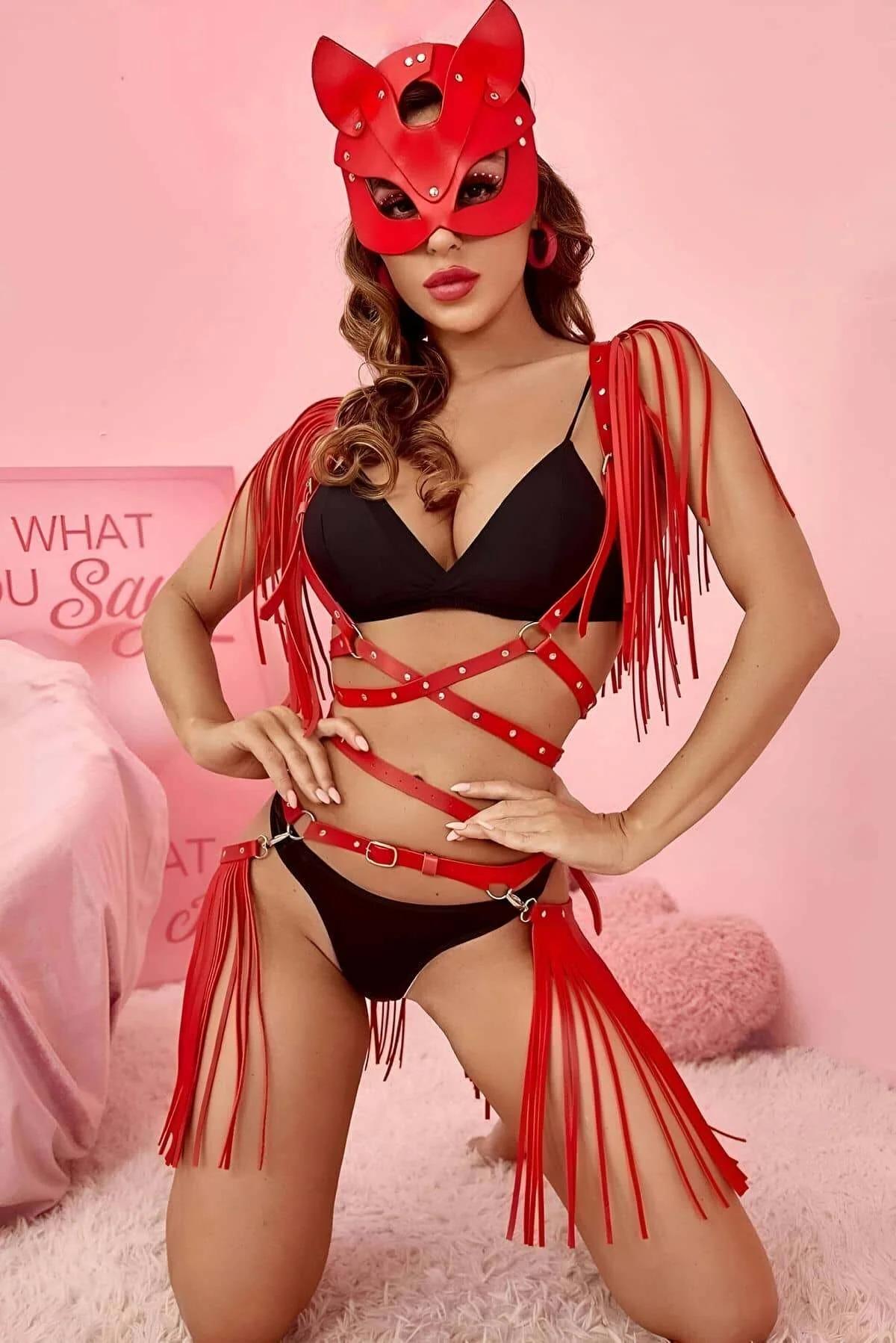 Fringed Body Harness Set with Cat Mask & Waist Tassels