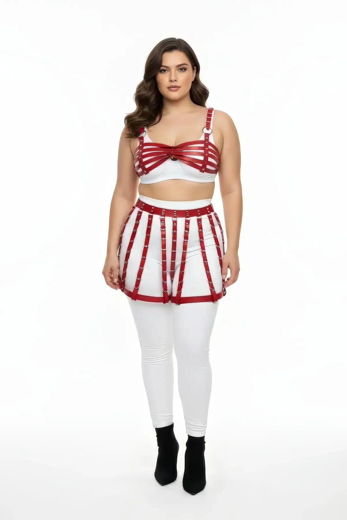 Strappy Faux Leather Cage Skirt & Bra Set