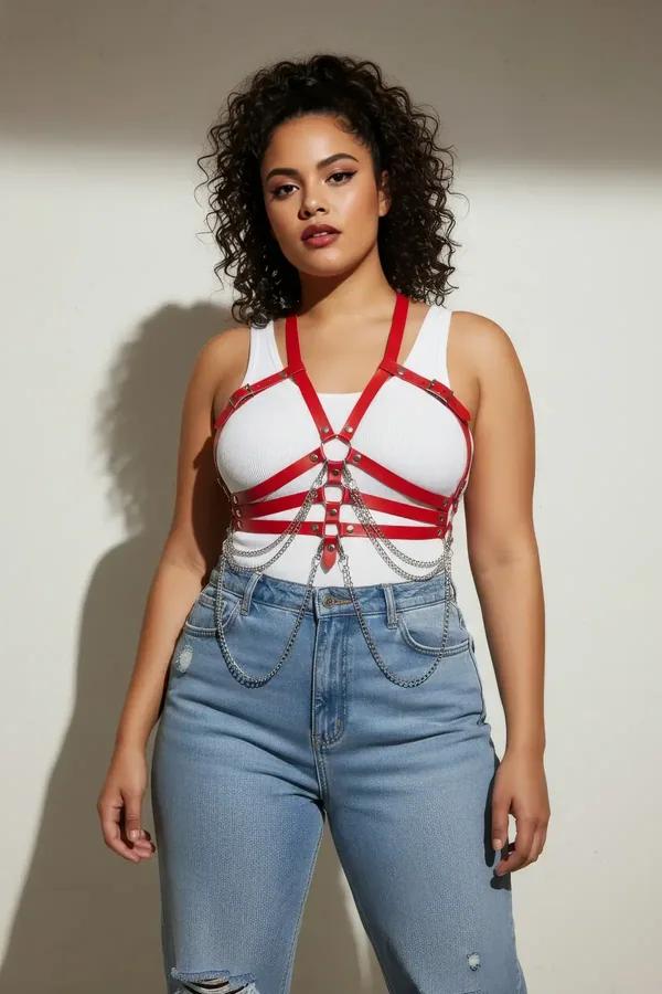 Red Faux Leather Chest Harness with Draping Chains