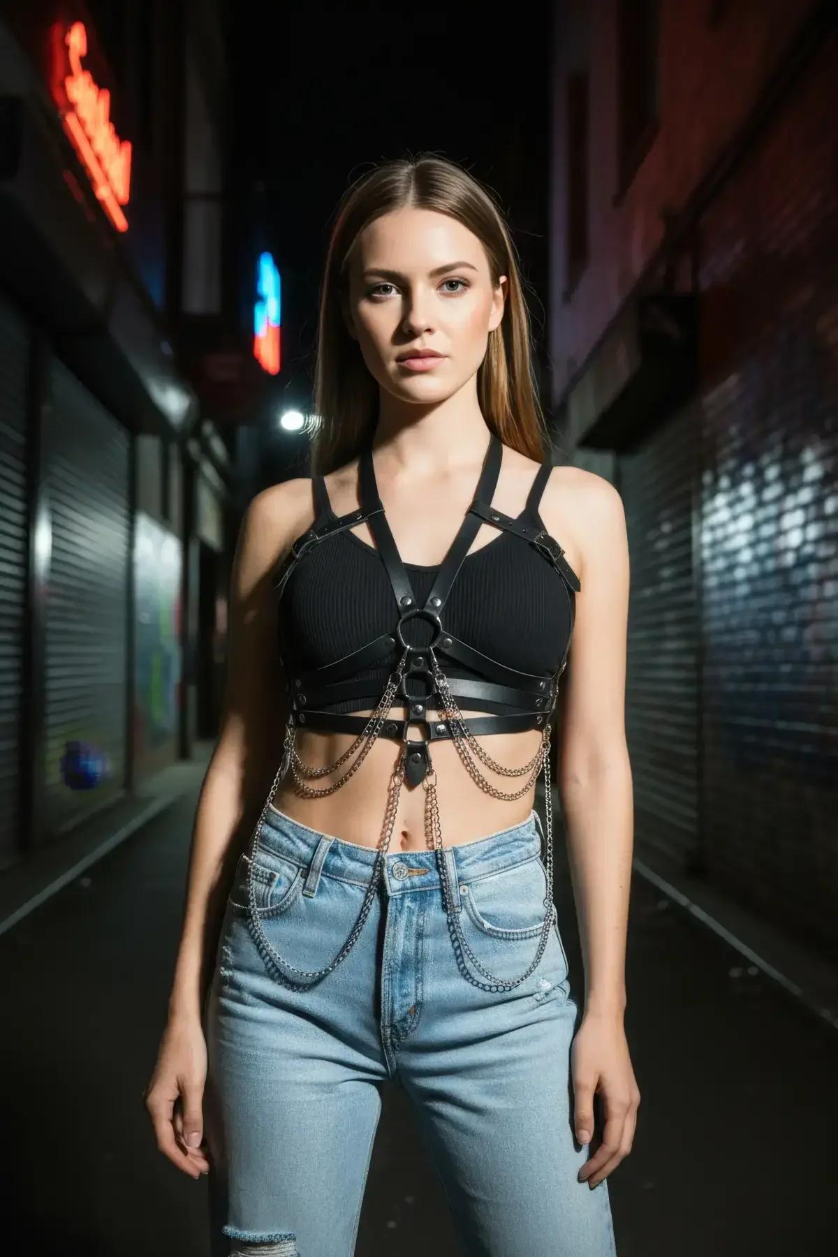 Faux Leather Body Harness with Cascading Chain Details