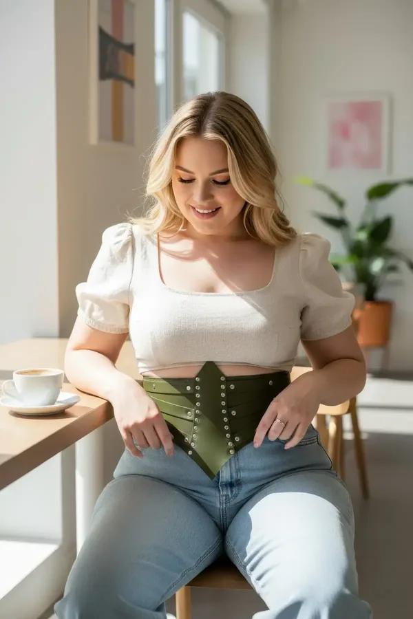 ខ្សែក្រវ៉ាត់ចង្កេះ Corset ពណ៌បៃតងចាស់ពីស្បែកសិប្បនិម្មិតដាំគ្រាប់ដែកពណ៌ប្រាក់រាងស្រួចកណ្តាលសម្រាប់នារី