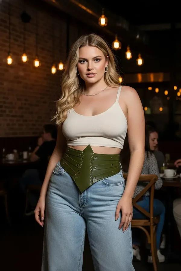 ខ្សែក្រវ៉ាត់ចង្កេះ Corset ពណ៌បៃតងចាស់ពីស្បែកសិប្បនិម្មិតដាំគ្រាប់ដែកពណ៌ប្រាក់រាងស្រួចកណ្តាលសម្រាប់នារី