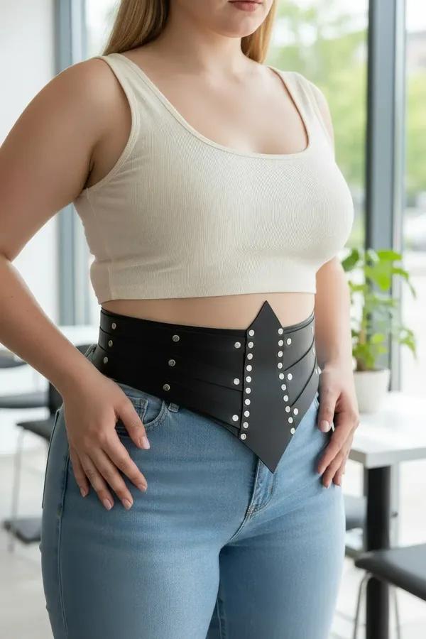 ខ្សែក្រវ៉ាត់ចង្កេះ Corset ពណ៌ខ្មៅពីស្បែកសិប្បនិម្មិតដាំគ្រាប់ដែកពណ៌ប្រាក់រាងស្រួចកណ្តាលសម្រាប់នារី