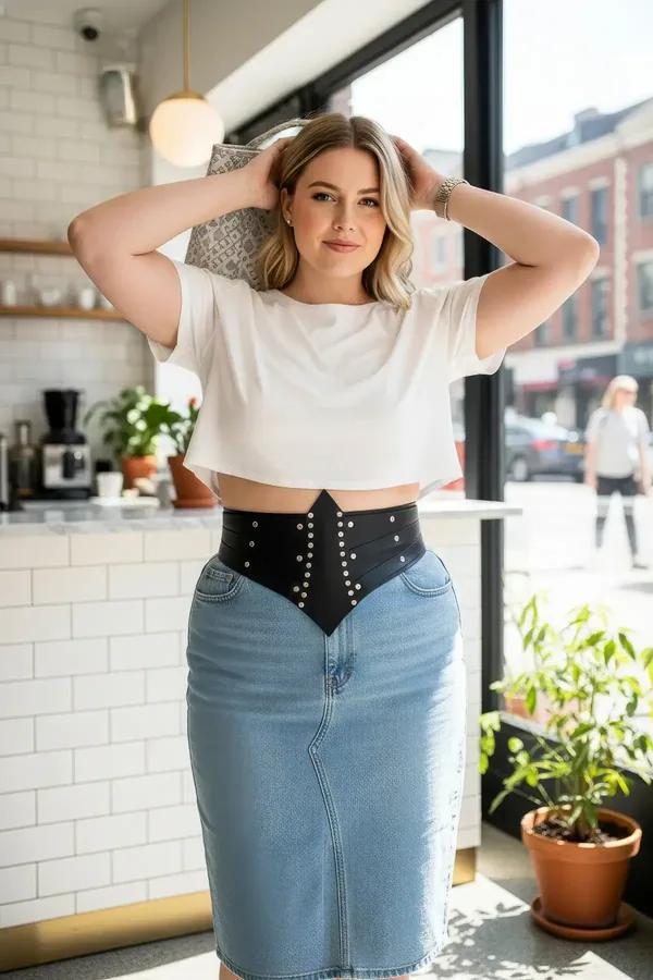 ខ្សែក្រវ៉ាត់ចង្កេះ Corset ពណ៌ខ្មៅពីស្បែកសិប្បនិម្មិតដាំគ្រាប់ដែកពណ៌ប្រាក់រាងស្រួចកណ្តាលសម្រាប់នារី