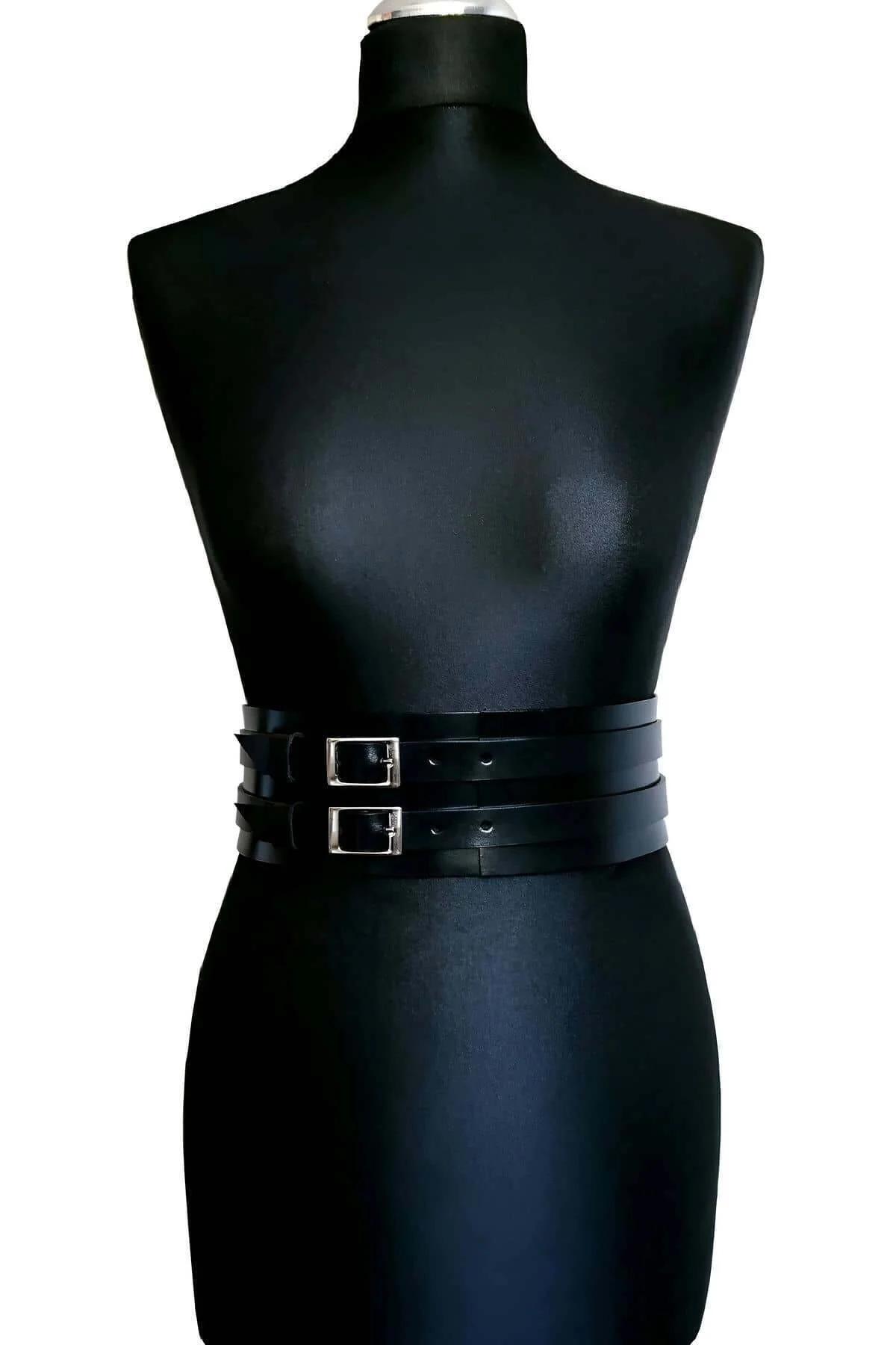 Wide Faux Leather Waist Belt Harness with Double Buckles