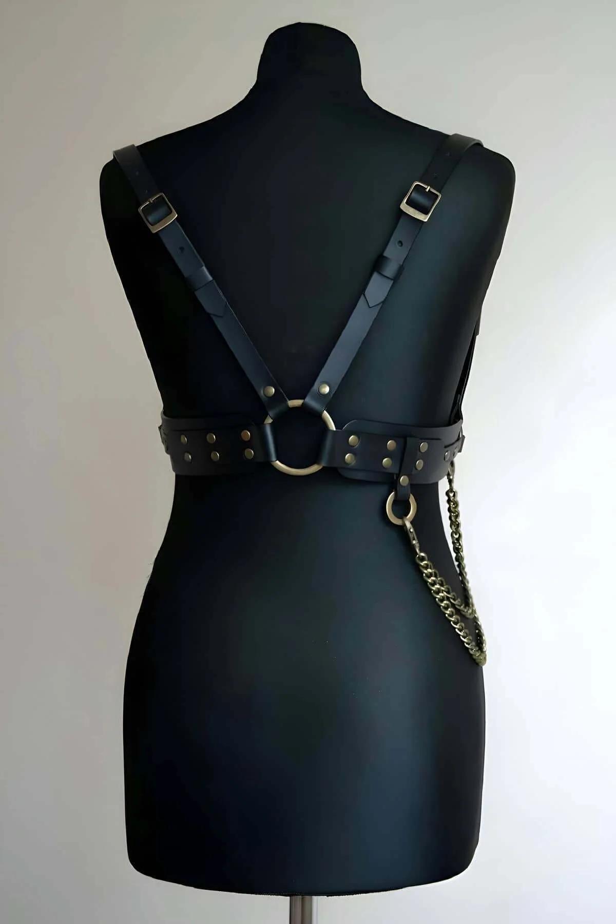 Black Faux Leather Body Harness with Chain