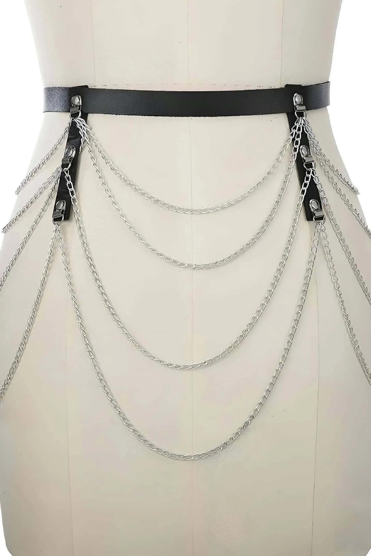 Faux Leather Belt with Layered Silver Chains
