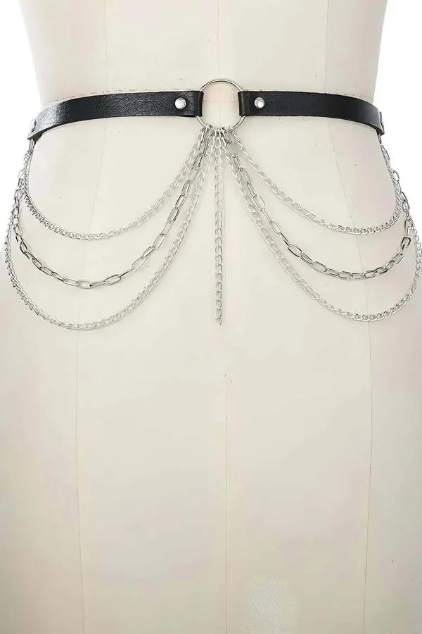 Faux Leather Waist Harness with Draping Silver Chains