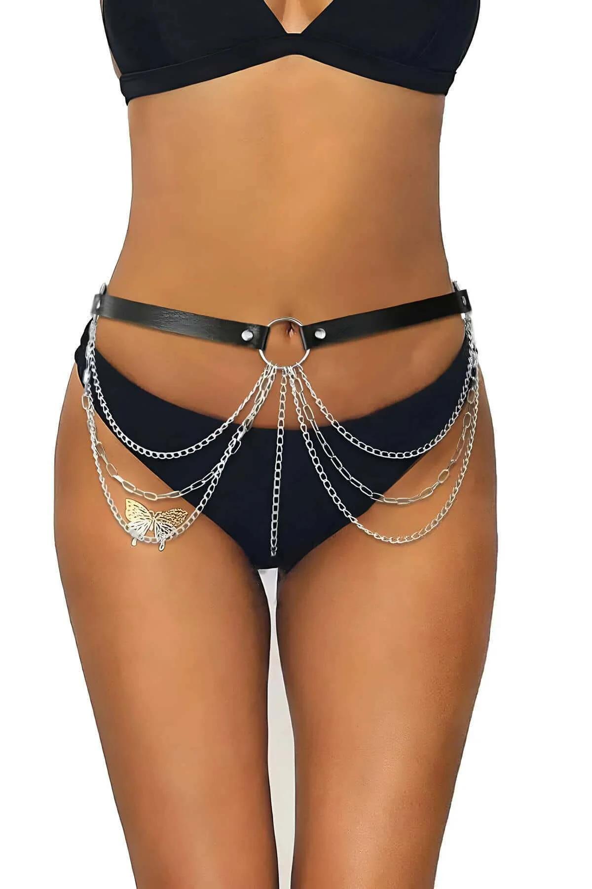 Faux Leather Waist Harness with Draping Silver Chains