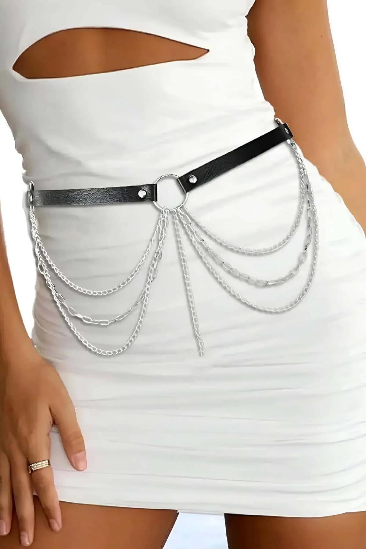 Faux Leather Waist Harness with Draping Silver Chains
