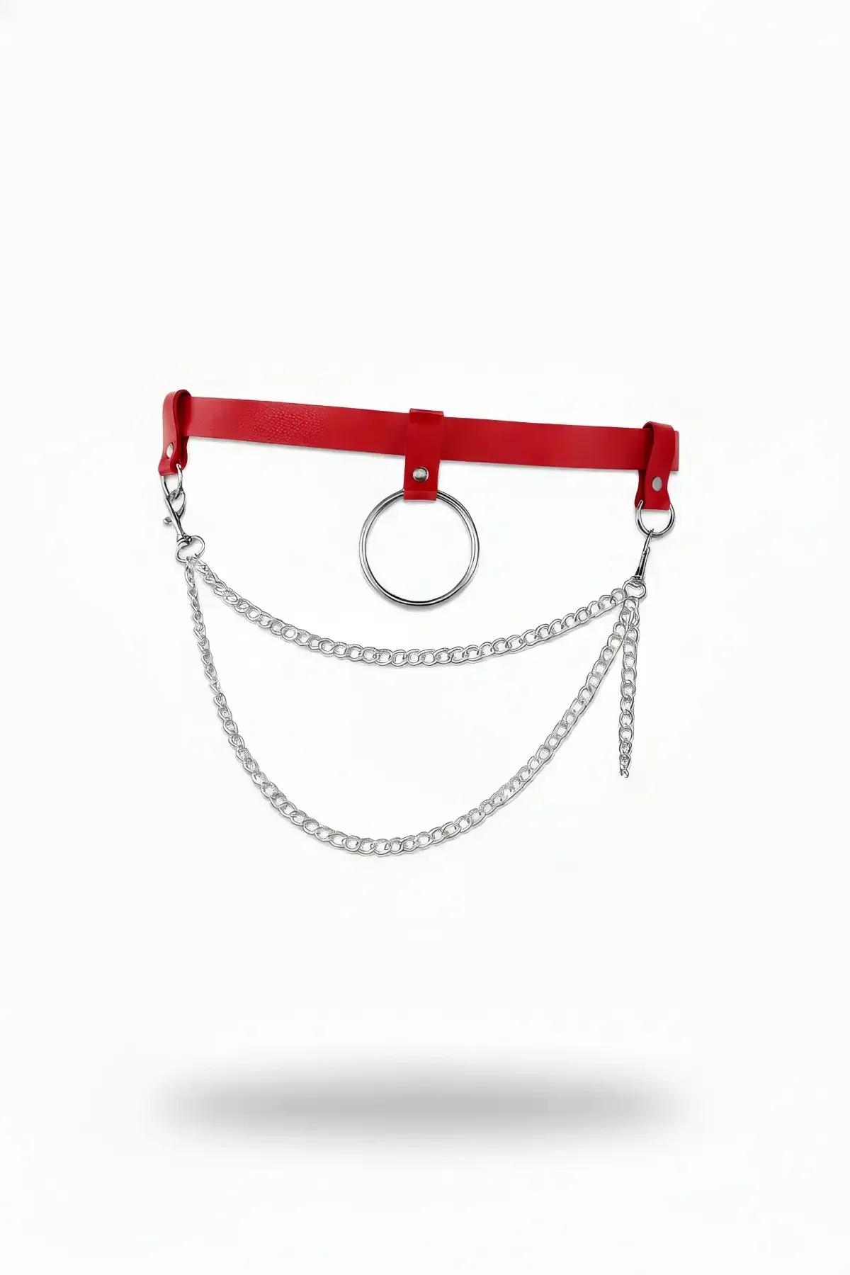Red Faux Leather Waist Harness with Draped Chains