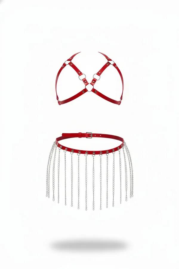 Red Faux Leather Body Harness & Chain Skirt Set