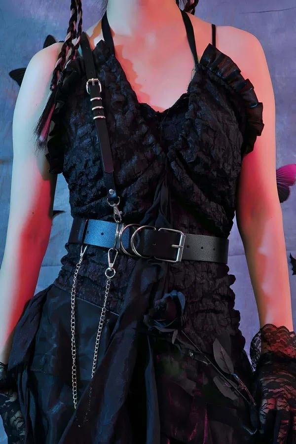 Black Faux Leather Single-Shoulder Harness with Silver Chain Belt Women Asymmetrical Strap Design