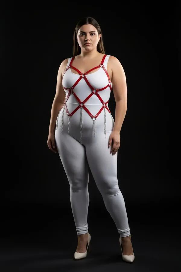 Red Caged Chest Harness with Detachable Body Chains