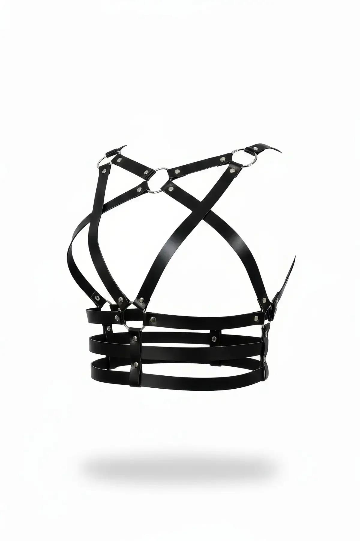 Strappy Faux Leather Caged Chest Harness with O-Rings