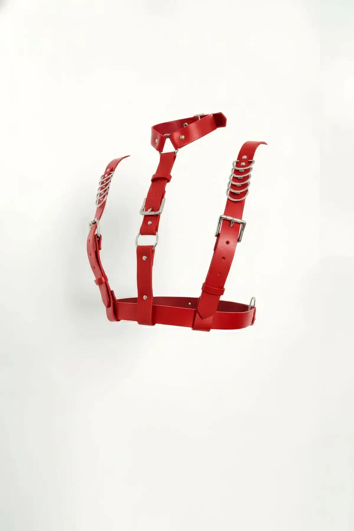 Red Faux Leather Chest Harness with Chain Straps