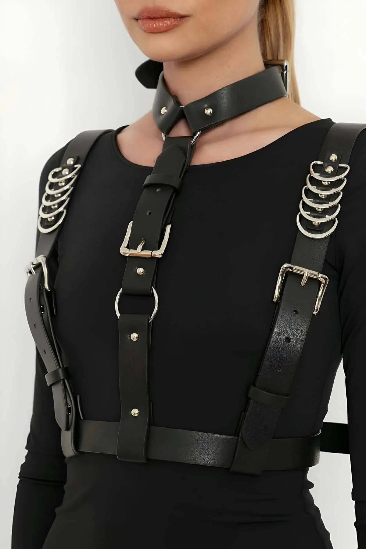 Black Faux Leather Body Harness with O-Ring