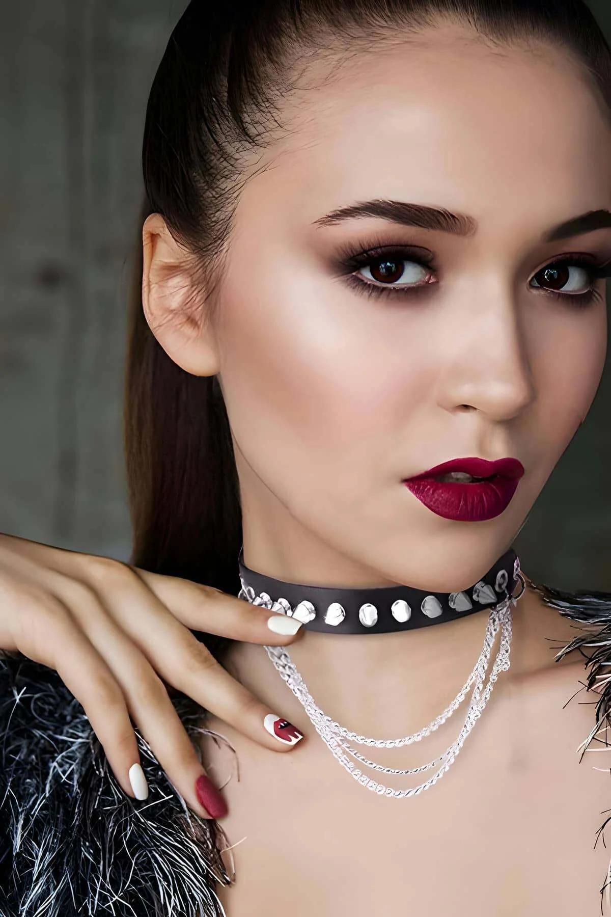 Spiked Faux Leather Choker with Layered Chain