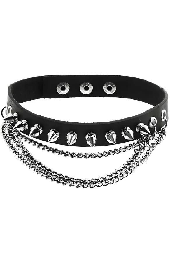 Spiked Faux Leather Choker with Layered Chain