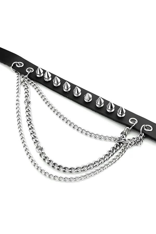 Spiked Faux Leather Choker with Layered Chain