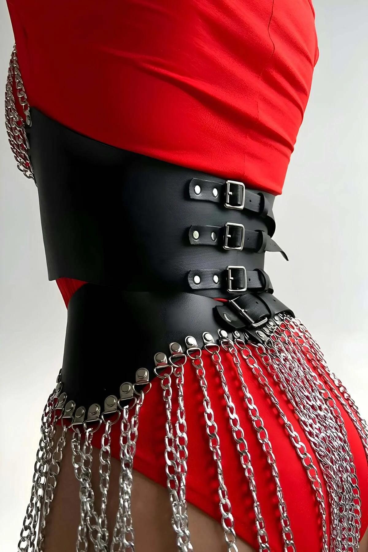 Faux Leather Bustier Skirt Set with Layered Chains