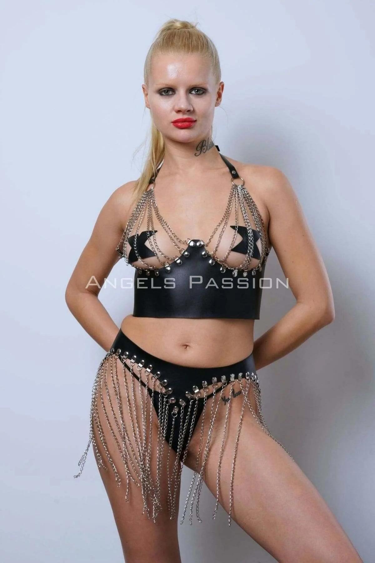 Faux Leather Bra Top and Chain Fringe Skirt Set
