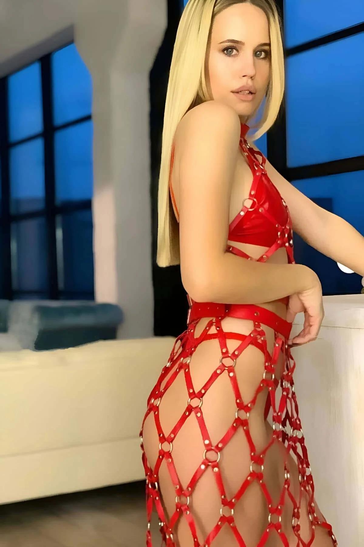 Red Caged Halter Body Harness with Chain Skirt