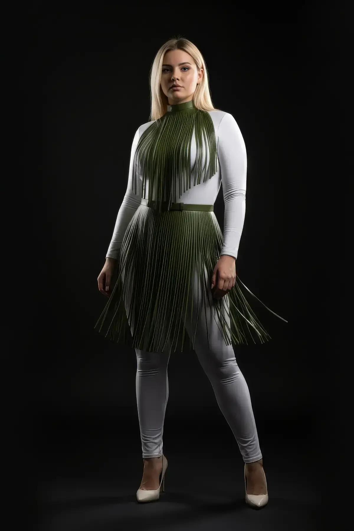 Olive Green Fringed Halterneck Vegan Leather Top