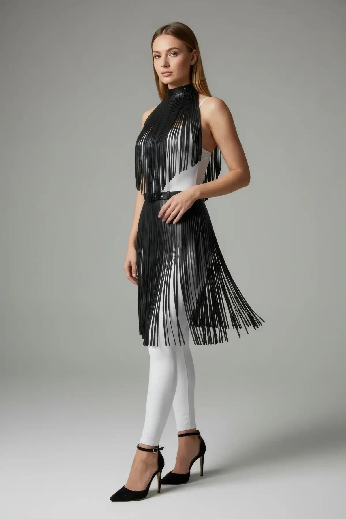 Faux Leather Fringe Mock Neck Overlay