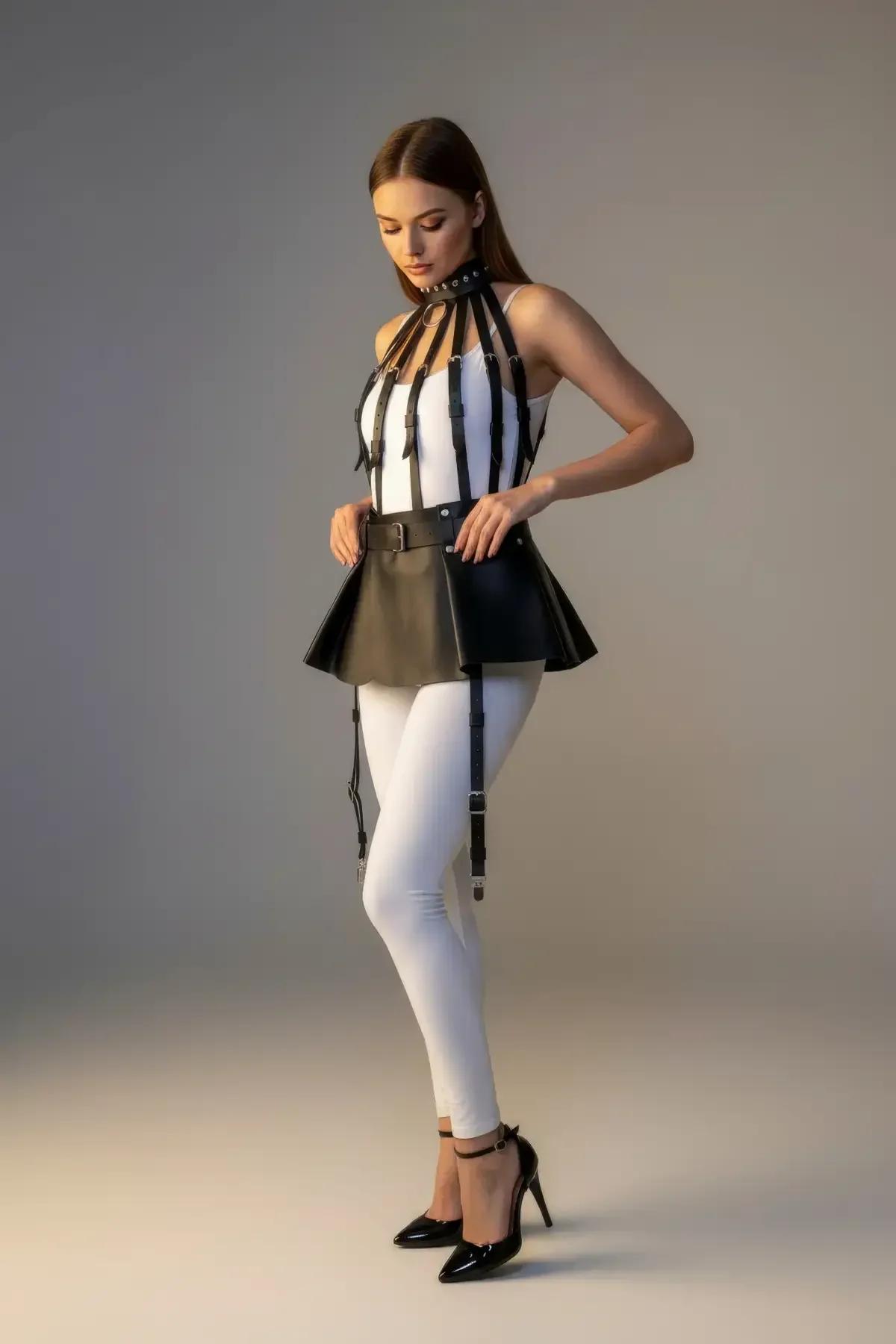 Flared Faux Leather Harness Skirt with Adjustable Garter Straps