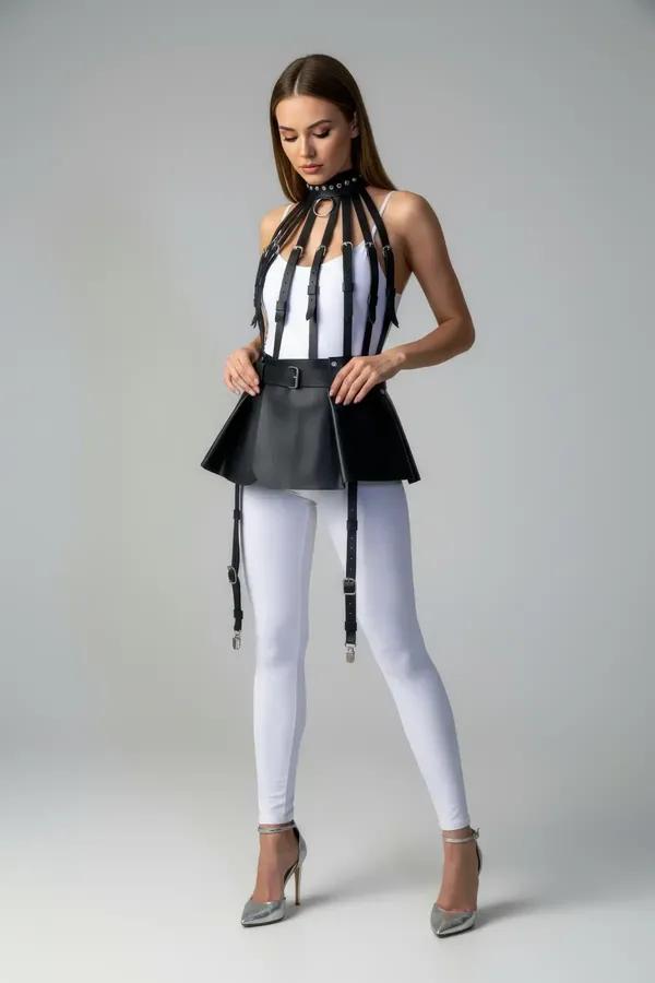 Flared Faux Leather Harness Skirt with Adjustable Garter Straps