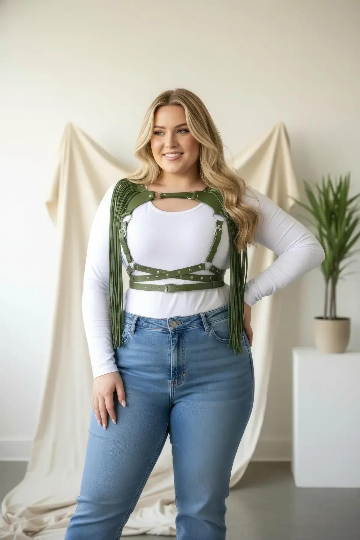 Fringed Chest Harness with Studded Vegan Leather