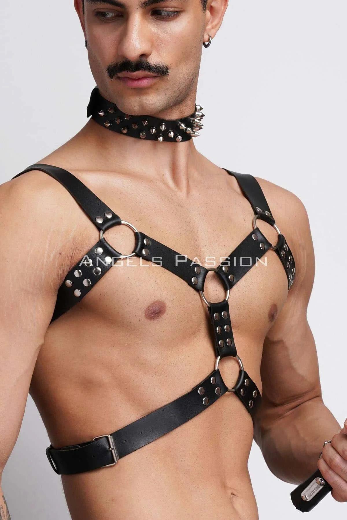 Strappy Chest Harness with Spiked Choker & Cuffs