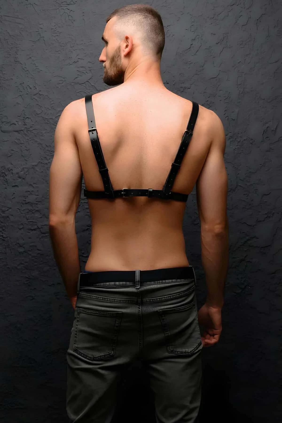 Black Faux Leather Chest Harness with O-Rings