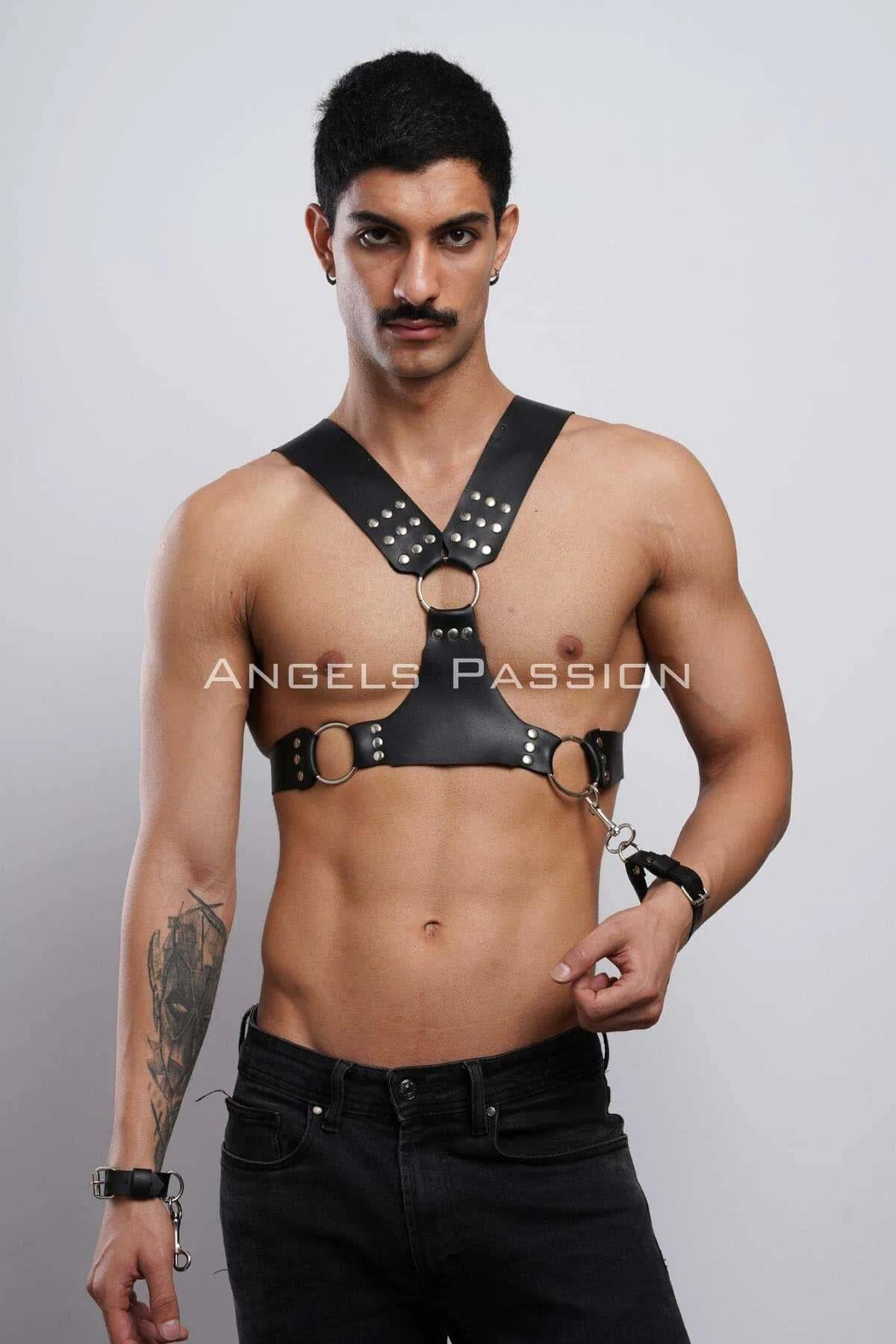 Studded Chest Harness with Detachable Cuffs