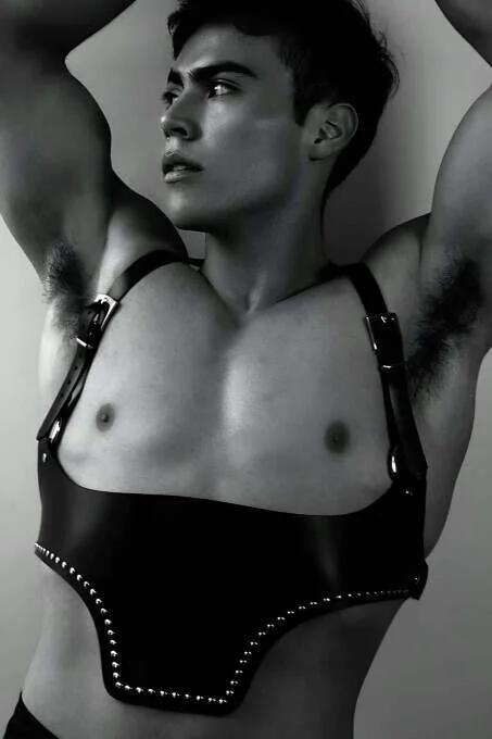Underbust Harness Men Front View Silver Stud Detail Black Faux Leather Lingerie Set