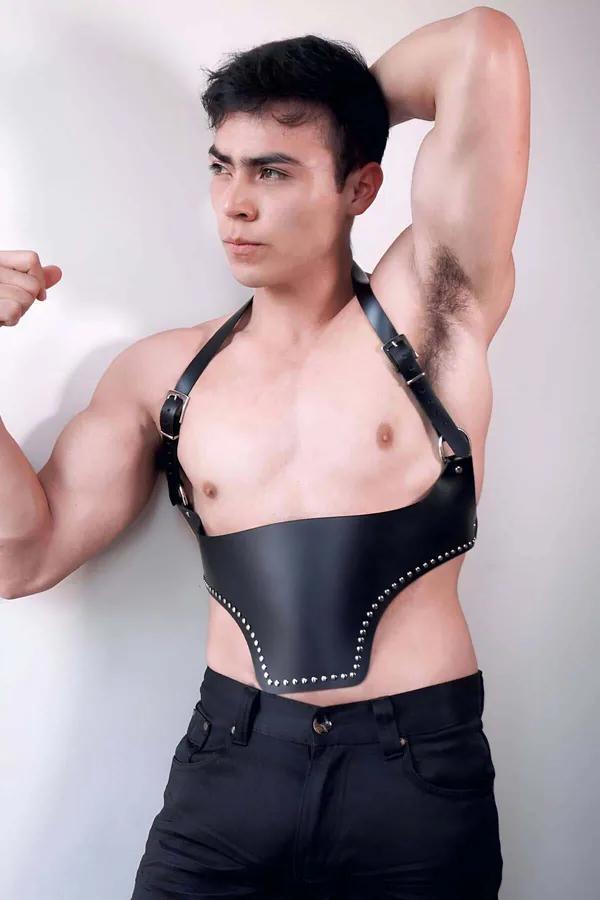 Black Faux Leather Underbust Harness Men Silver Stud Trim Adjustable Straps